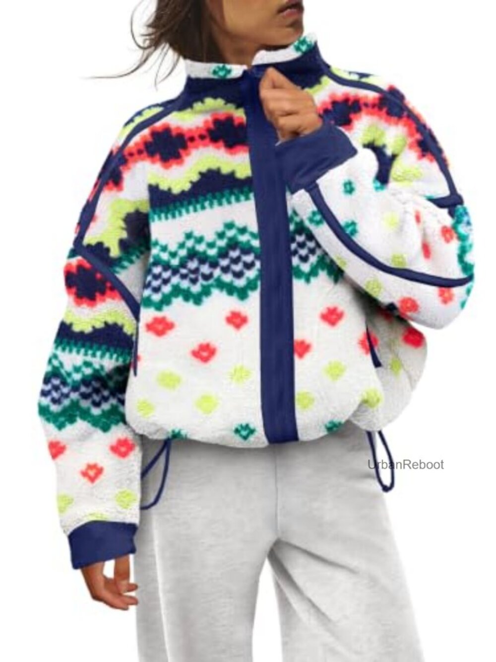 Sherpa Fleece Zip Up Jacket Printed Fuzzy Teddy Oversized